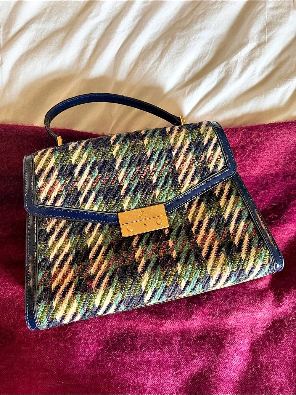 Tory Burch Tweed Top Handle Satchel Green & Black